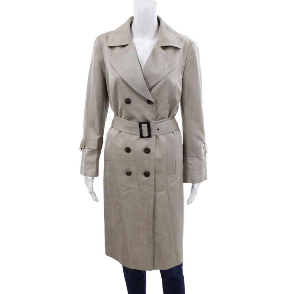 Worth Womens Beige Herringbone Silk Trench Coat Button Long Sleeve Size S